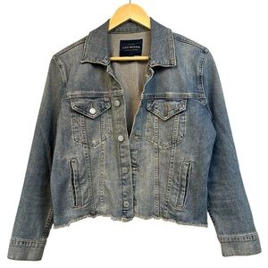 Lucky Brand Denim Cropped Tomboy Trucker Jean Jacket, Frayed Hem, Large
